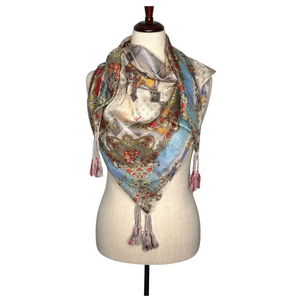 Johnny Was Silk Scarf Tassels Medallion Kaleidoscope Print Square 42x42 Blue